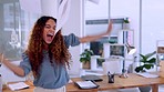 Happy woman, dance and throw papers in office to celebrate business winning, project success or startup career goals. Winner dancing or excited biracial person, documents in air and celebration bonus