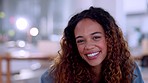 Laughing, face and happy business woman in office at night, confident and excited, young and empowered. Smile, portrait and leader with ambitious mindset, joy and positivity on blurred background