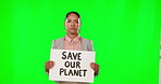 Climate change, environment and woman with poster on green screen, global warming and planet safety protest. Serious female in studio, portrait and awareness with activism, mockup space and sign
