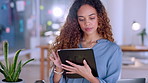 Focused business woman on tablet in office for company market research, planning or review on app software at night. Biracial worker, manager or person on digital technology for startup data analysis