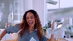 Business woman, dancing and celebration in money rain for winning, sale or bonus promotion at office. Happy and excited female employee throwing cash in air for dance to win or victory at workplace