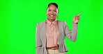 Business woman on green screen, pointing and product placement with mockup and smile in portrait. Dancing, excited and advertising with brand logo or promotion with deal announcement and marketing