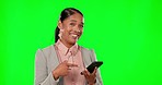 Face, business and woman with smartphone, green screen and typing against a studio background. Portrait, female employee and happy entrepreneur with cellphone, agreement and happiness with connection
