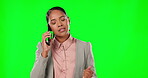 Green screen, angry and woman on a phone call shouting feeling upset and annoyed isolated in a studio background. Employee, corporate and frustrated businesswoman talking about a problem or fight
