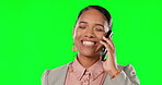 Woman, talking green screen and phone call, online networking and business communication isolated on studio background. Happy professional, biracial person speaking, yes and cellphone for opportunity