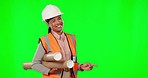 Architect woman, pointing and smile by green screen for mockup, logo and choice by studio backdrop. Female engineer, architecture and service promo in portrait for small business owner with advice