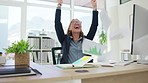 Asian woman, business and celebration throwing papers in success for competition or winning at office desk. Happy female corporate employee in joy for finished paperwork, win or victory at workplace