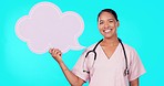 Speech bubble, poster and woman nurse with smile in studio for announcement, information and news. Social media space, healthcare mockup and portrait of medical doctor with board on blue background