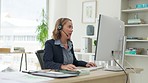 Asian woman, call center and consulting with headphones typing on computer for customer service or support. Happy female consultant agent talking on desktop PC headset for online advice at workplace