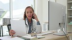 Asian woman, doctor and phone call with document in healthcare conversation, communication or results at hospital. Female medical professional talking on smartphone in feedback discussion at clinic