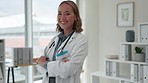 Happy asian woman, doctor and smile with arms crossed in healthcare management or success at the hospital. Portrait of confident female medical professional smiling in confidence at the clinic