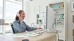 Headphones, dance and businesswoman working in the office while listening to music on a computer. Technology, happy and female employee dancing by her desk to playlist, song or album in the workplace