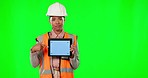 Architecture woman, tablet and green screen studio with pointing, tracking markers and disagree by background. Architect, mobile touchscreen and mock up for space, portrait and design app by backdrop