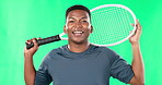 Face, tennis and funny black man in studio on green screen isolated on a background. Sports portrait, racket and happy male athlete or person ready for workout, exercise or training on chroma key.