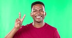 Green screen, peace and face of man in studio with hand gesture, sign and v symbol on mockup background. Hands, emoji and portrait of black guy showing peaceful icon, thank you and finger expression