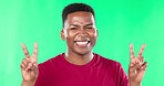 Peace, green screen and face of man in studio with hand gesture, sign and v symbol on mockup background. Hands, emoji and portrait of black guy showing peaceful icon, thank you and finger expression