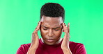 Headache, stress and black man with pain in studio on green screen isolated on a background. Depressed, mental health and African person with anxiety, tired or exhausted, migraine, sick or fatigue.