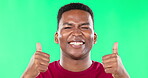 Face, thumbs up and black man smile on green screen in studio isolated on a background. Portrait, success or excited African person with hand gesture, emoji or win, yes or like, approval or agreement