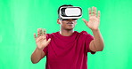 Vr, black man and 3d metaverse in studio on green screen isolated on a background. Virtual reality, ui and African person with futuristic headset and high tech for online, video game or simulation.