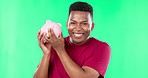 Happy man, face and piggy bank on green screen studio for savings, profit and budget on mockup background. Portrait, money box and black male excited for financial growth, loan or investment banking