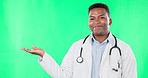 Doctor, face and black man with mockup on green screen in studio isolated on a background. Portrait, healthcare professional or happiness for advertising, marketing or product placement on chroma key