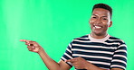 Happy, Green screen and black man pointing at mockup space isolated in a studio background with a smile. Excited, advertising and portrait of male showing brand placement, promotion or sale
