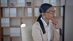 Indian woman, thinking and working night at office, lawyer planning and prepare for case with research at computer. Deadline, overtime and work late at law firm, serious female and concentration