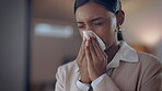 Indian woman, work night and blowing nose, sick with allergies and cold or flu, virus and health. Deadline, overtime and burnout with illness, female working late with hayfever or sinus problem