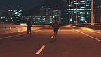 Women training in city street at night and athlete exercise running. Sports fitness runners, health motivation race workout road energy together cardio outdoor dark sprint practice for competition