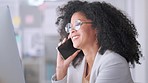 Smiling and laughing woman talking on a phone call in an office. Ambitious and motivated executive communicating plans and networking with clients in a successful startup company while making deals