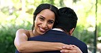 Wedding, happy and man and woman hug in park for marriage ceremony, commitment and celebration. Relationship, partnership and bride and groom embrace, hugging and smile for romance, trust and love