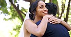 Wedding, park and man and woman hug for marriage ceremony, commitment and celebration. Relationship, partnership and bride and groom couple hugging, embrace and happy for romance, trust and love