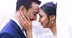 Forehead, wedding and bride with groom, couple and bonding with care, trust and loving together. Marriage, man and woman with happiness, love and romantic partnership for quality time or relationship