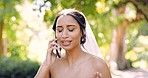 Phone call, upset and a bride in a garden on her marriage day, arguing or feeling angry at bad news. Wedding, mobile and contact with a woman in a white dress having an unhappy conversation outside