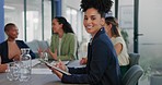 Black woman, tablet and portrait in office meeting for online planning, strategy and smile. Happy female worker working on digital technology for productivity, connection and happiness in company