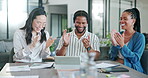 Tablet, business people and applause in office to celebrate goals, target or achievement. Technology, happy and group of employees clapping in celebration of success, teamwork and good news at work.