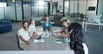 Presentation, question and a business asian woman talking to her team in the boardroom for training or planning. Meeting, coaching and collaboration with male and female employees working in a office