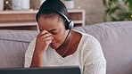 Call center, remote work or black woman with headache, stress or burnout is overworked by telemarketing deadlines. Depressed, sad or tired African woman frustrated with migraine pain, crm or fatigue