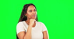 Black woman, hand or thinking on studio green screen of future goals, vision or ideas on isolated mockup background. Serious, planning or African person with choice, decision or solution on mock up