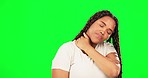 Black woman, hand and neck pain on studio green screen with muscle crisis, anatomy problem and bad posture risk. Injury, stress and burnout for person massaging shoulder on isolated mockup backdrop