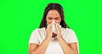 Black woman, ill or blowing nose on studio green screen with flu virus, cold and health risk crisis on isolated mockup background. Sick, sneeze or tissue for person with allergies or hayfever problem
