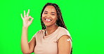 Green screen, vaccine and happy woman with plaster, okay hand sign and healthcare safety of covid. Portrait of female model, bandage and ok gesture in agreement of vaccination, immunity and emoji 