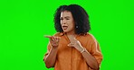 Black woman, phone call on speaker and angry on green screen, frustrated and stress on studio background. Female talk with anger, communication problem and crisis with contact, smartphone and mockup