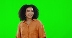 Woman, green screen and amazed while looking around in studio isolated on a background mockup. Chroma key, wow and happy mixed race person, girl or female walking, smile and happiness on a backdrop.