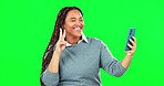 Peace, selfie and woman in green screen studio with hand, gesture or icon on mockup background. Happy, smile and v sign emoji by girl influencer laughing for profile picture, photo or live streaming