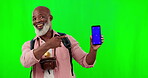 Black man, phone and green screen mockup with smile pointing at website, internet software and contact us. Face of African male model for social network, communication and branding or logo product