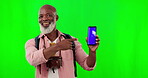 Black man, phone in hands and green screen mockup with smile for website, internet software and contact us. Face of African male model for social network, communication and branding or logo product