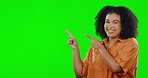 Green screen, studio face and happy woman point at retail promo information, empty branding space or advertisement mockup. Direction, presentation portrait or chroma key person isolated on background