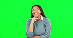 Laughing, green screen and portrait of funny woman laugh at comedy, comic or joke isolated in a studio background. Excited, joy and face of a happy female person with humour in chromakey
