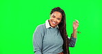 Face, hair and happy with a woman on a green screen background in studio for hairstyle marketing. Portrait, braids and smile with an attractive young female confident in her braided haircare routine